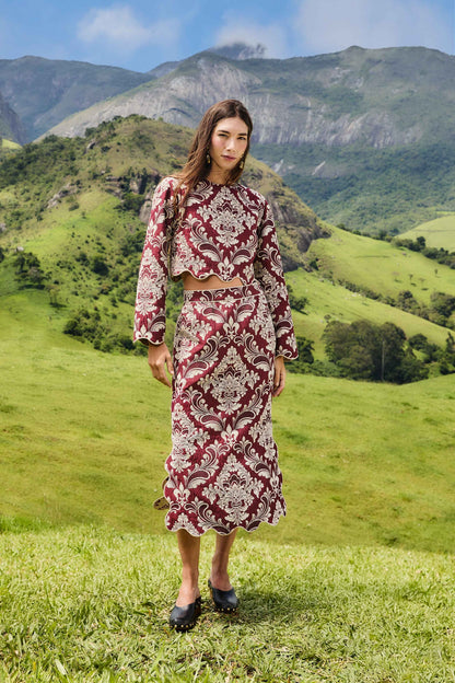 Bicolor Jacquard Waves Midi Skirt | FARM Rio | FARM Rio For Sale