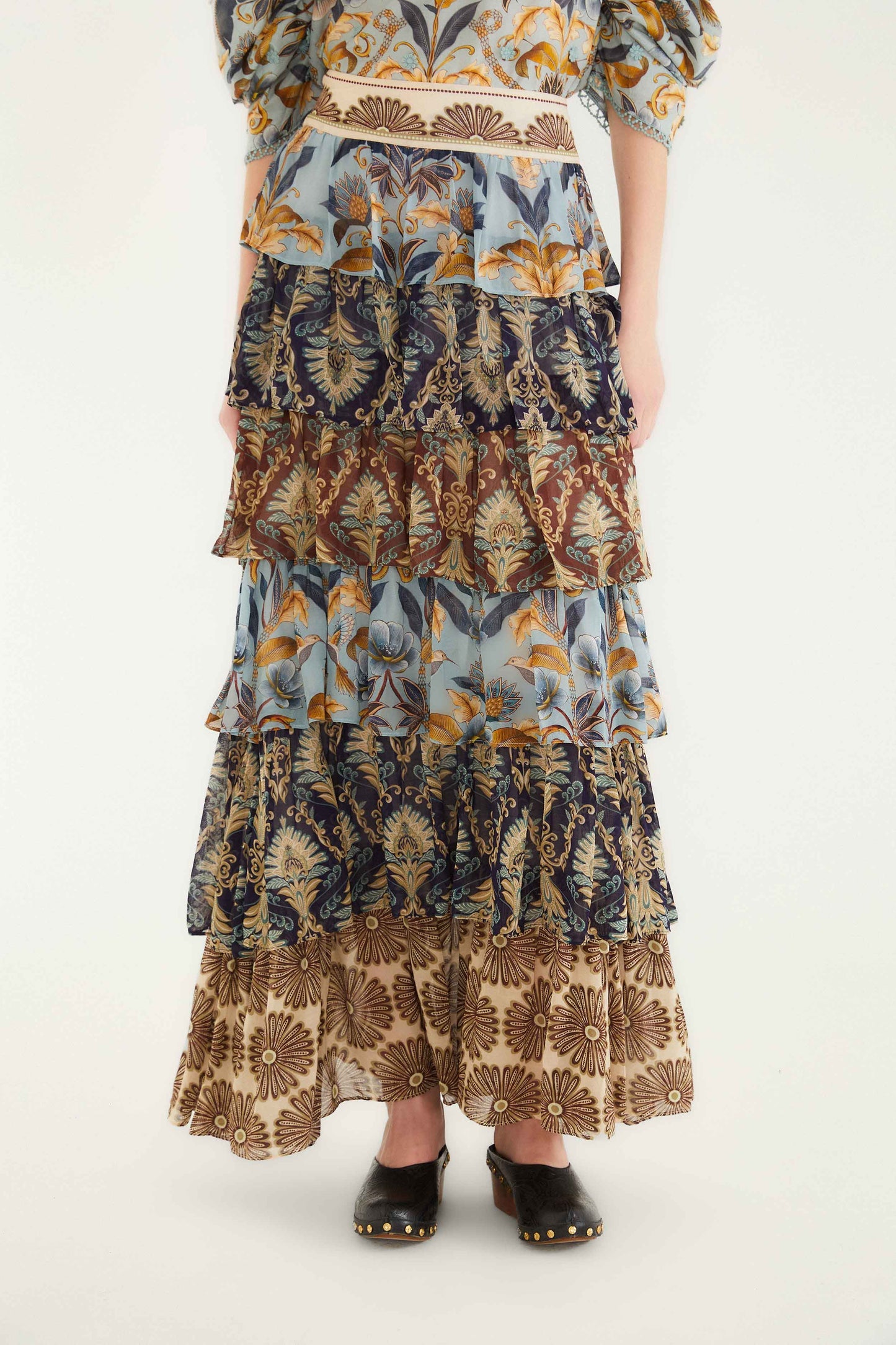 Mixed Scarves Ruffled Maxi Skirt | FARM Rio | FARM Rio