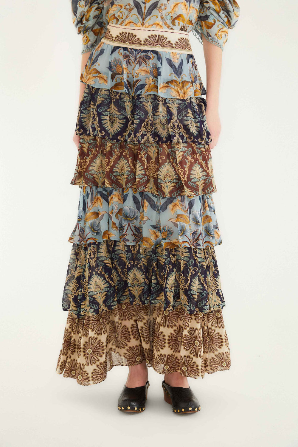 Mixed Scarves Ruffled Maxi Skirt | FARM Rio | FARM Rio