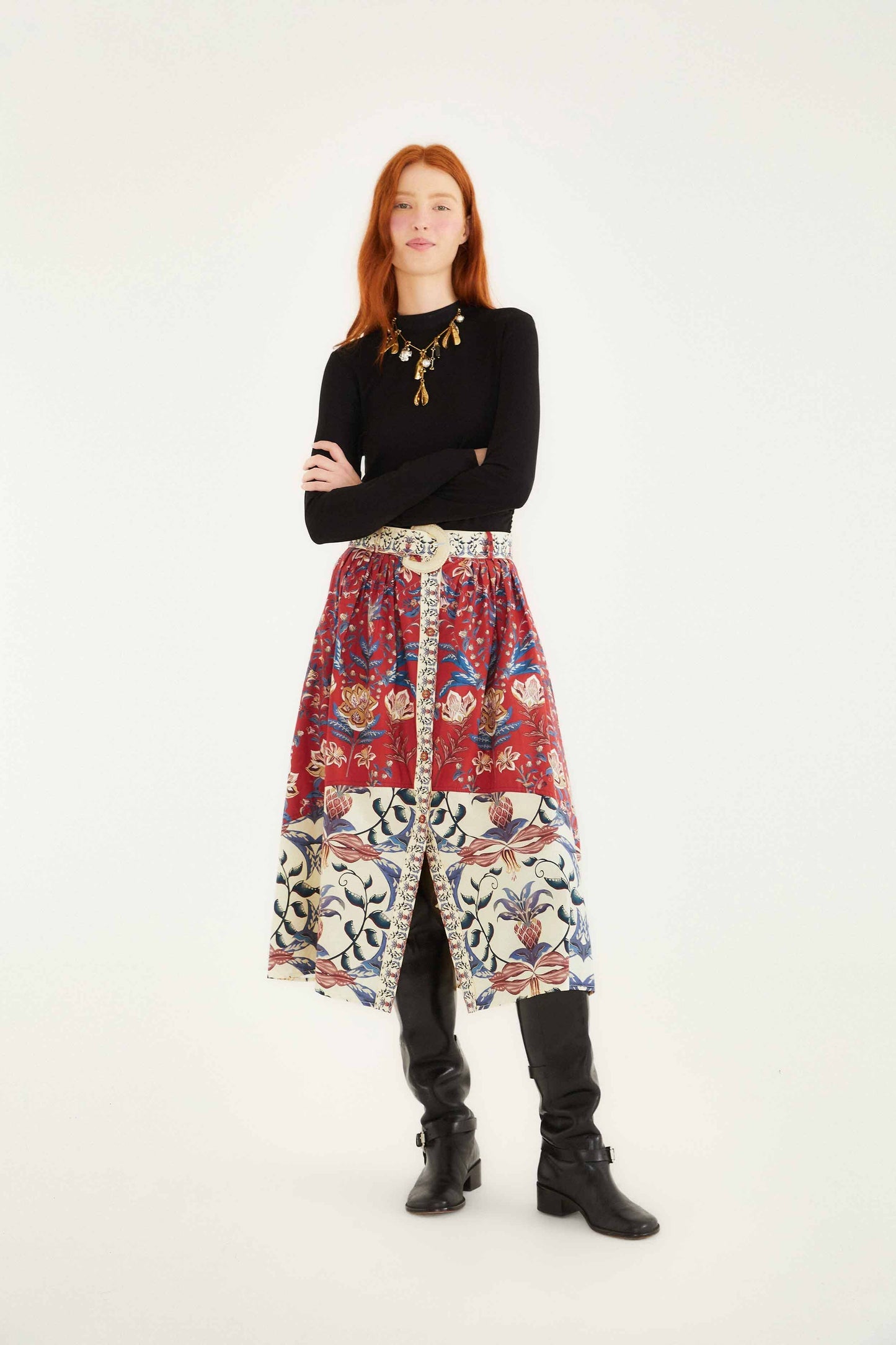 Red Winter Breeze Buttoned Belted Organic Cotton Midi Skirt | FARM Rio | FARM Rio US