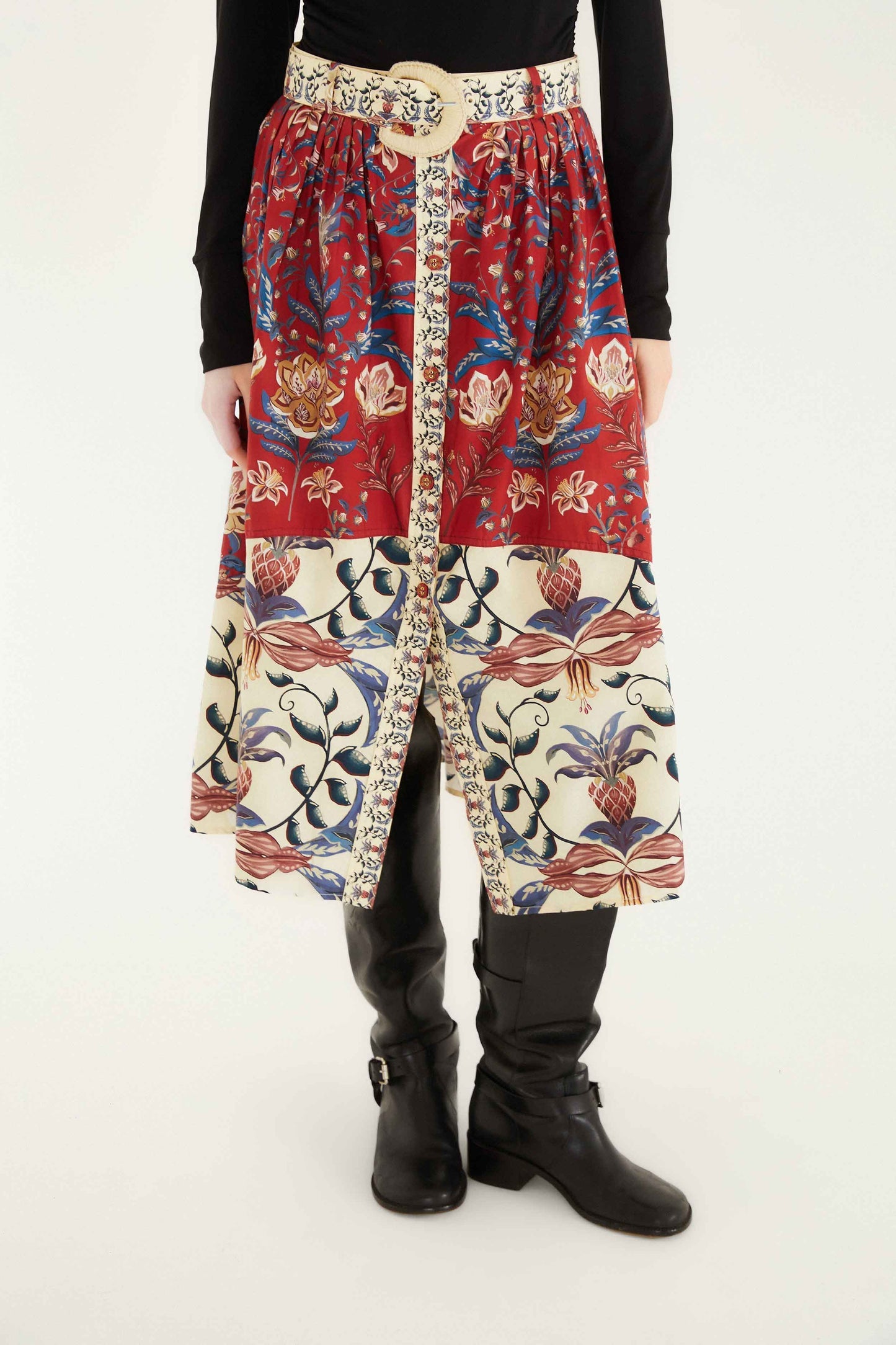 Red Winter Breeze Buttoned Belted Organic Cotton Midi Skirt | FARM Rio | FARM Rio US