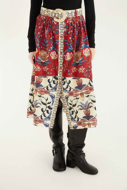 Red Winter Breeze Buttoned Belted Organic Cotton Midi Skirt | FARM Rio | FARM Rio US