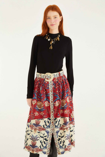 Red Winter Breeze Buttoned Belted Organic Cotton Midi Skirt | FARM Rio | FARM Rio US