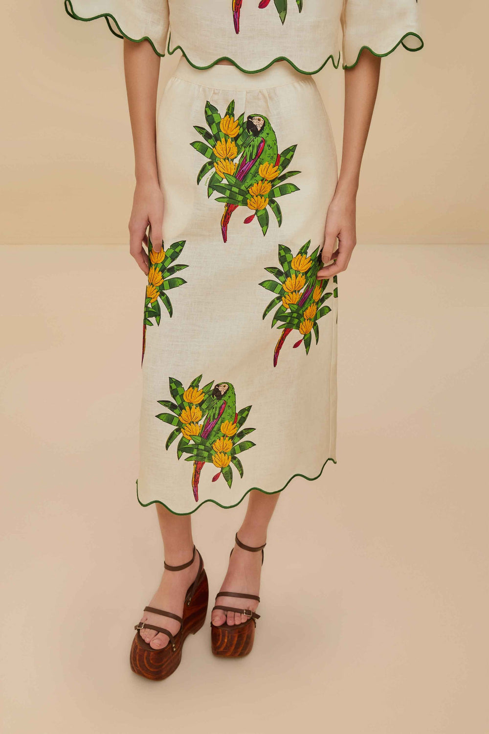 Off-White Maracana Bird Euroflax™ Premium Linen Midi Skirt | FARM Rio Near Me