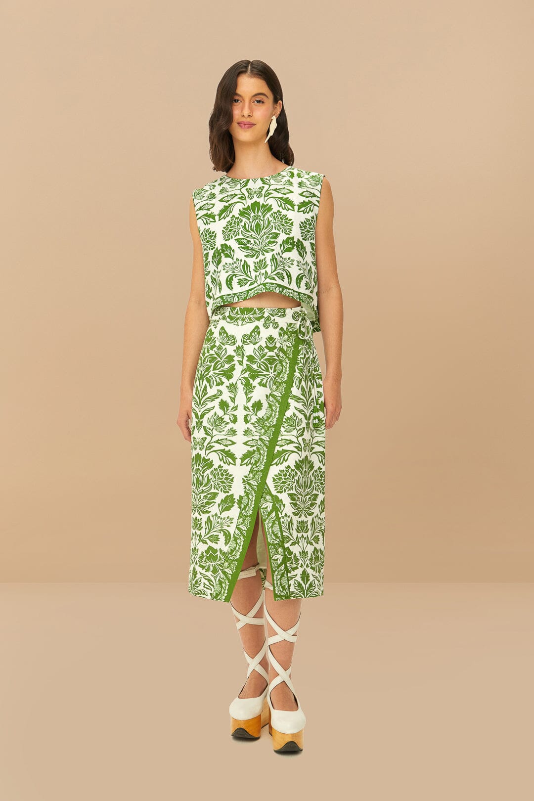 Green Delicate Tapestry LENZING™ ECOVERO™ Euroflax™ Midi Skirt | FARM Rio