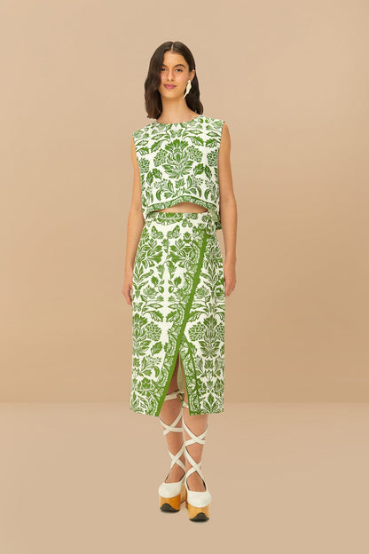 Green Delicate Tapestry LENZING™ ECOVERO™ Euroflax™ Midi Skirt | FARM Rio