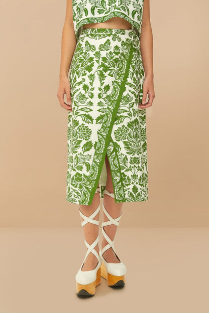 Green Delicate Tapestry LENZING™ ECOVERO™ Euroflax™ Midi Skirt | FARM Rio