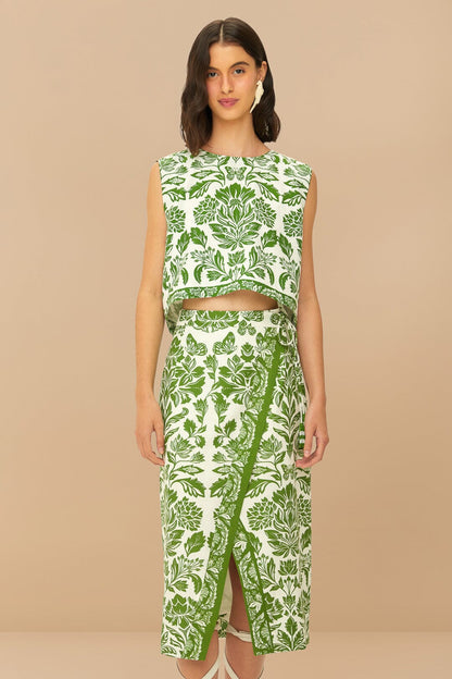 Green Delicate Tapestry LENZING™ ECOVERO™ Euroflax™ Midi Skirt | FARM Rio