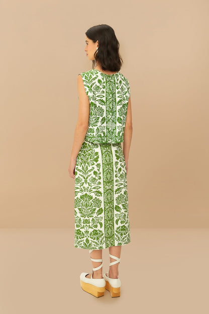 Green Delicate Tapestry LENZING™ ECOVERO™ Euroflax™ Midi Skirt | FARM Rio
