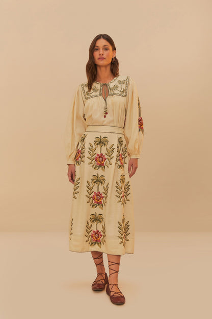 Sand Tropical Flower Embroidered LENZING™ ECOVERO™ Euroflax™ Maxi Skir | FARM Rio