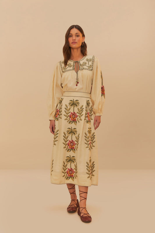 Sand Tropical Flower Embroidered LENZING™ ECOVERO™ Euroflax™ Maxi Skir | FARM Rio