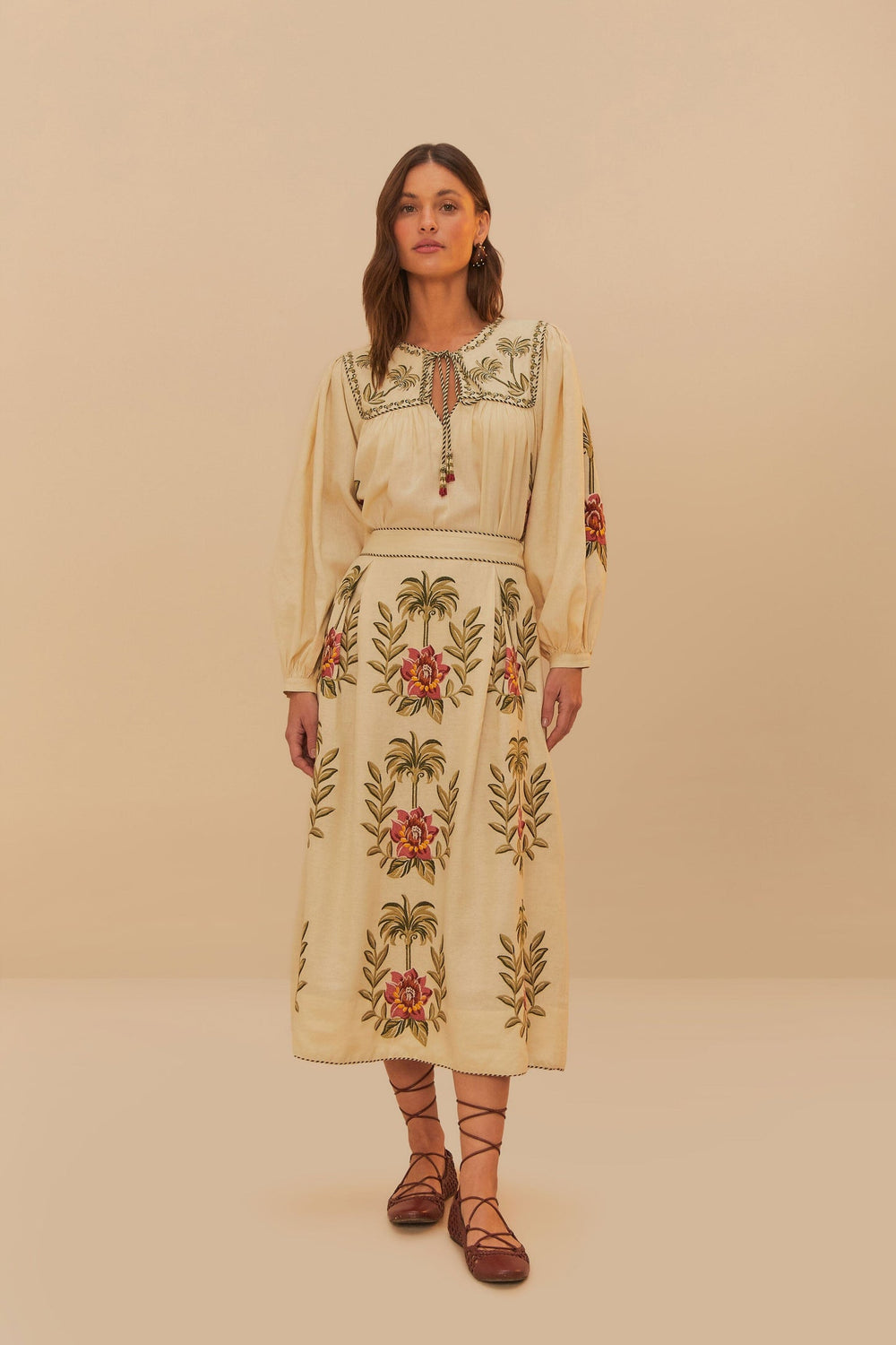 Sand Tropical Flower Embroidered LENZING™ ECOVERO™ Euroflax™ Maxi Skir | FARM Rio