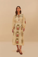 Sand Tropical Flower Embroidered LENZING™ ECOVERO™ Euroflax™ Maxi Skir | FARM Rio