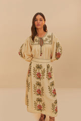 Sand Tropical Flower Embroidered LENZING™ ECOVERO™ Euroflax™ Maxi Skir | FARM Rio
