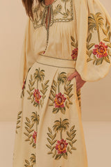 Sand Tropical Flower Embroidered LENZING™ ECOVERO™ Euroflax™ Maxi Skir | FARM Rio