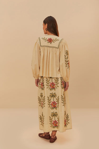 Sand Tropical Flower Embroidered LENZING™ ECOVERO™ Euroflax™ Maxi Skir | FARM Rio