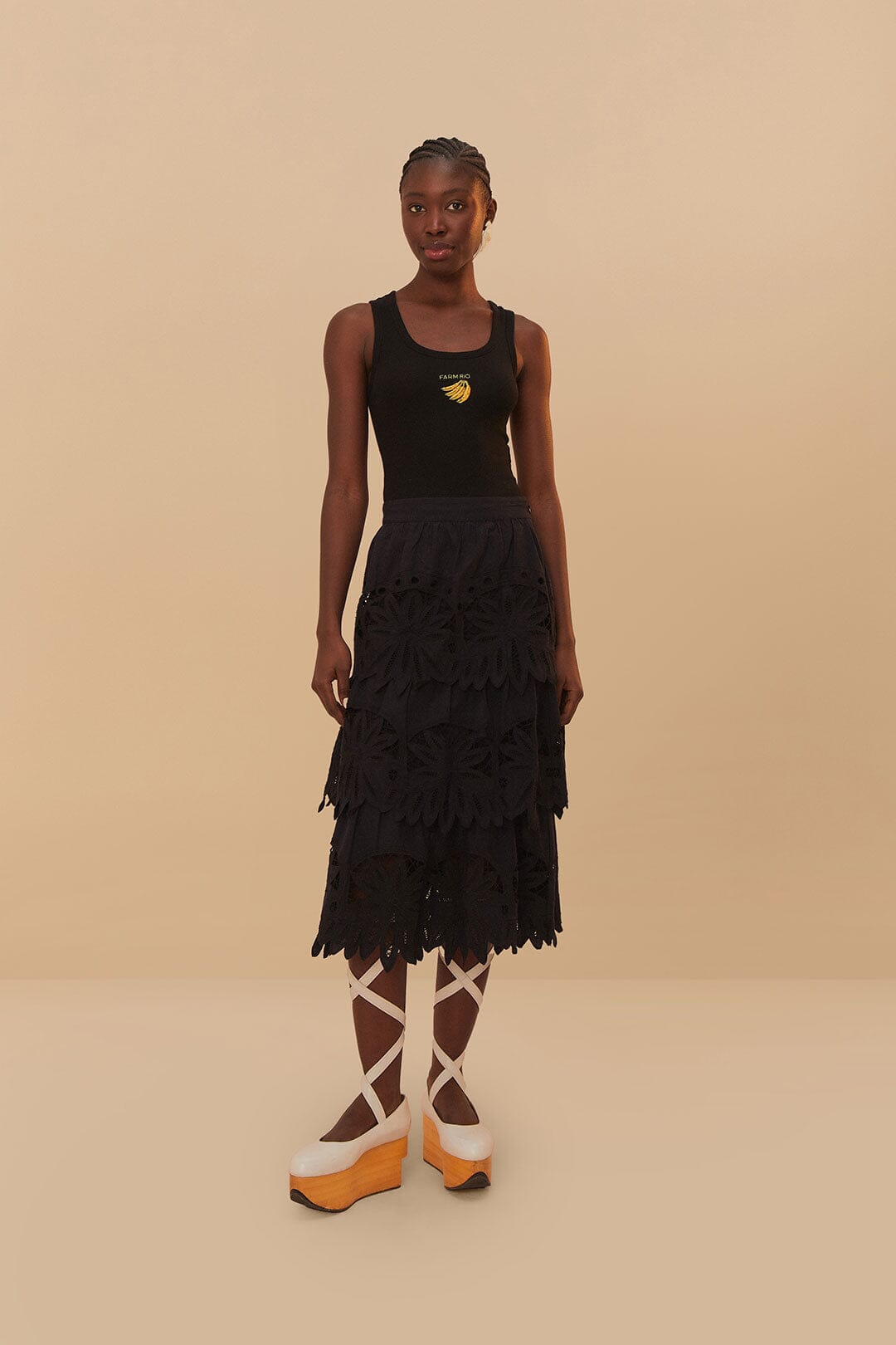 Black Daisy Embroidered Midi Skirt | FARM Rio Online