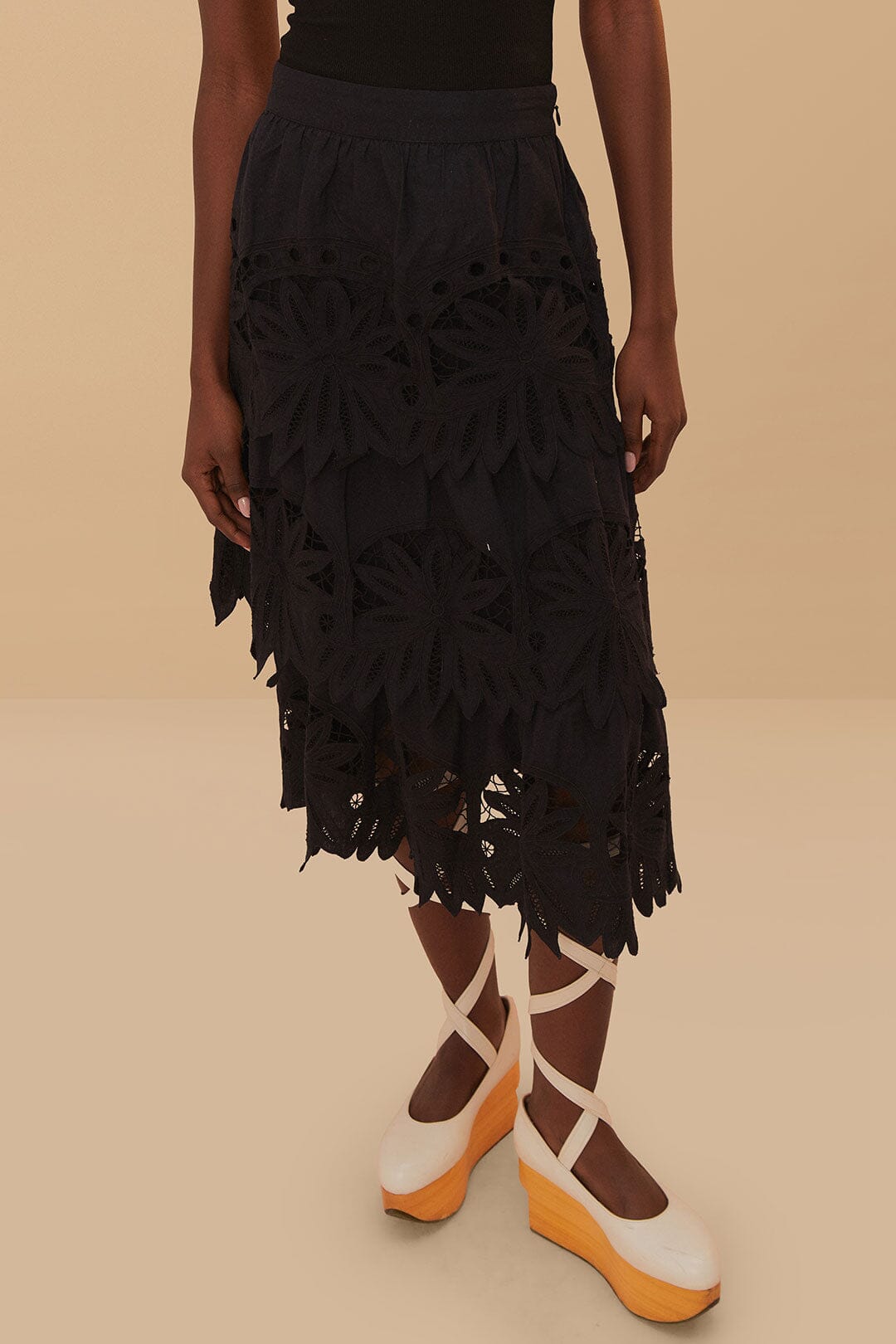 Black Daisy Embroidered Midi Skirt | FARM Rio Online