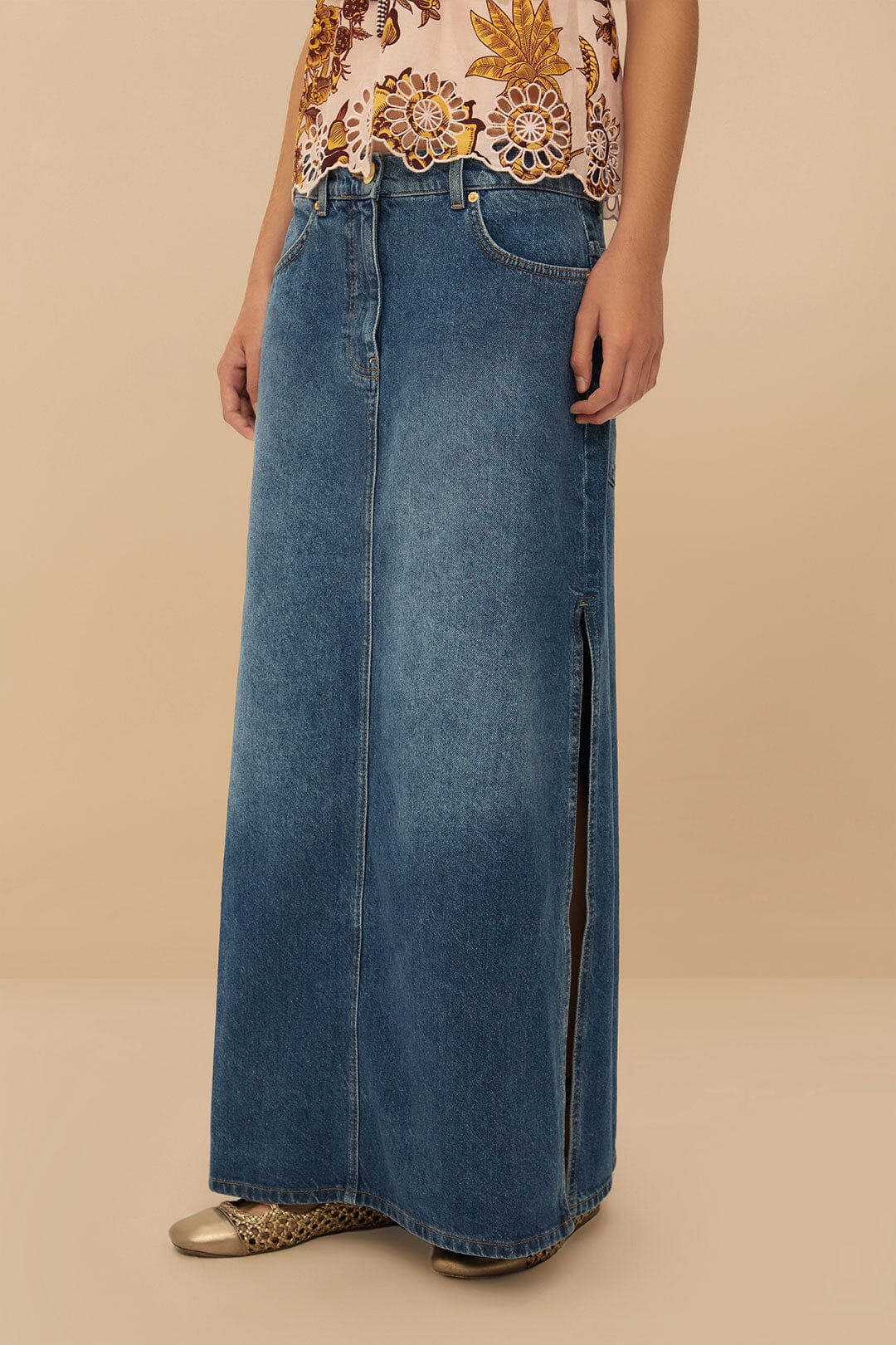 Denim Side Slit Maxi Skirt | FARM Rio Online