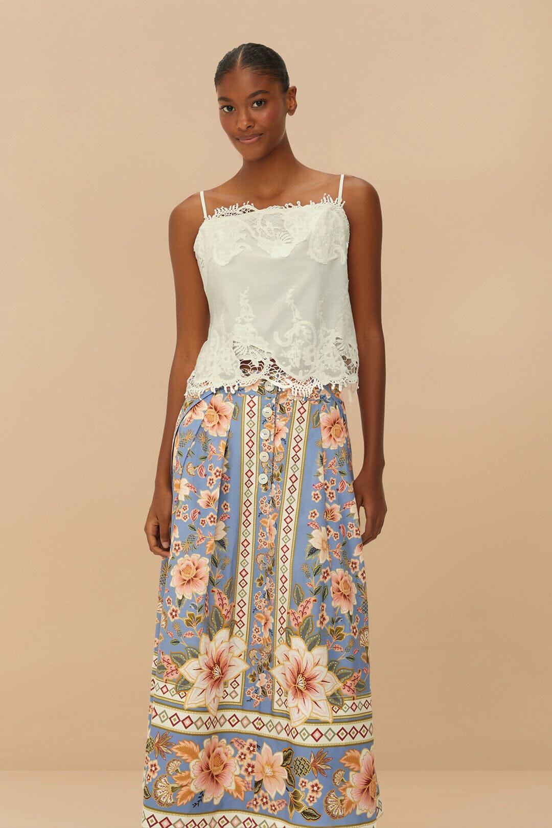 Blue Superbloom Tapestry Buttoned Maxi Skirt | FARM Rio US