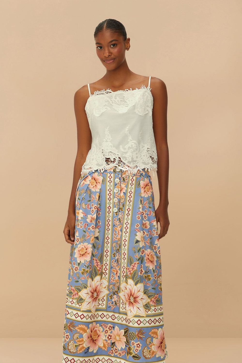 Blue Superbloom Tapestry Buttoned Maxi Skirt | FARM Rio US