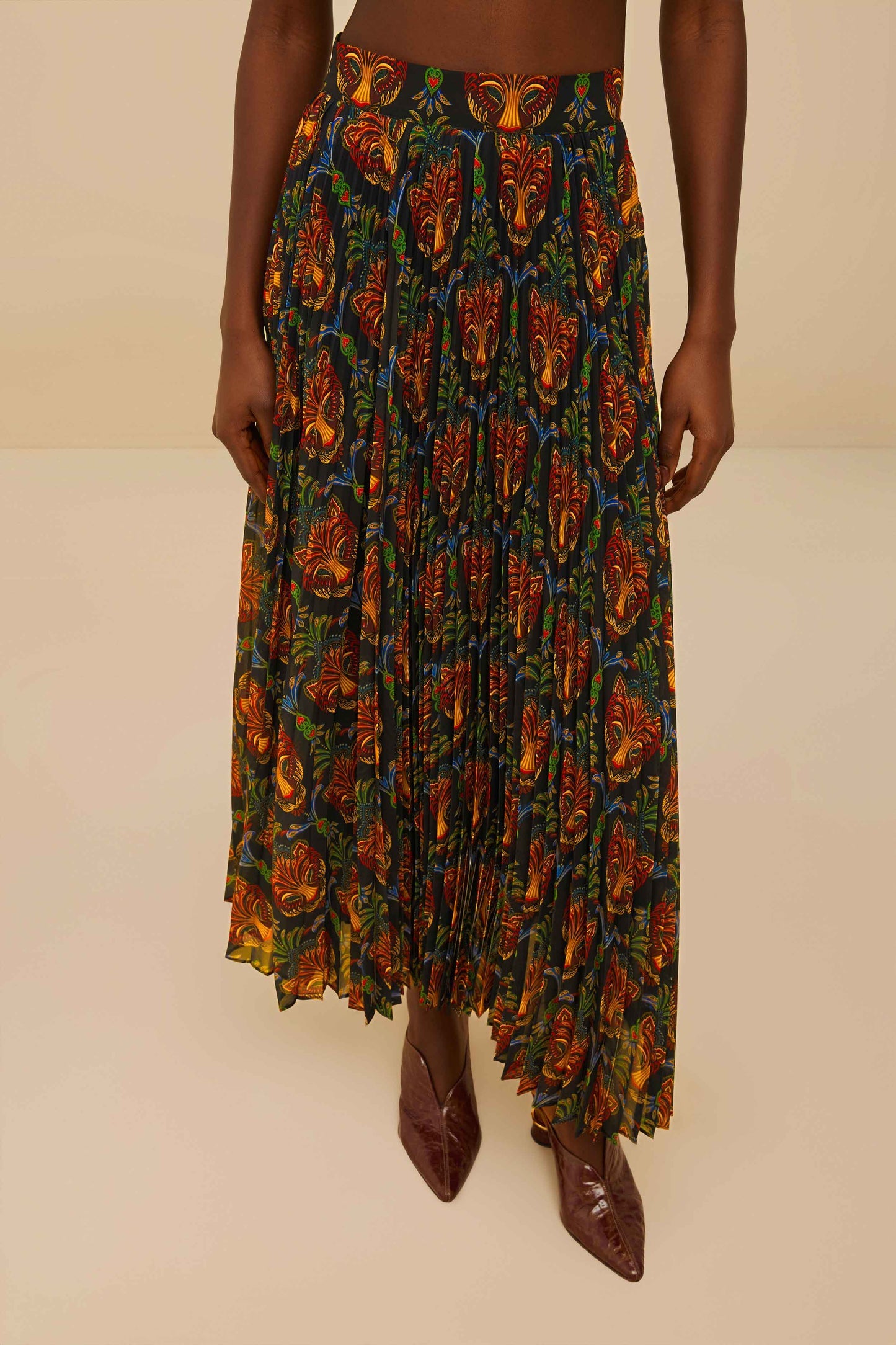 Black Boho Panther Pleated Maxi Skirt | FARM Rio Discount