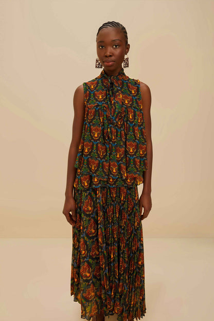 Black Boho Panther Pleated Maxi Skirt | FARM Rio Discount