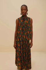 Black Boho Panther Pleated Maxi Skirt | FARM Rio Discount
