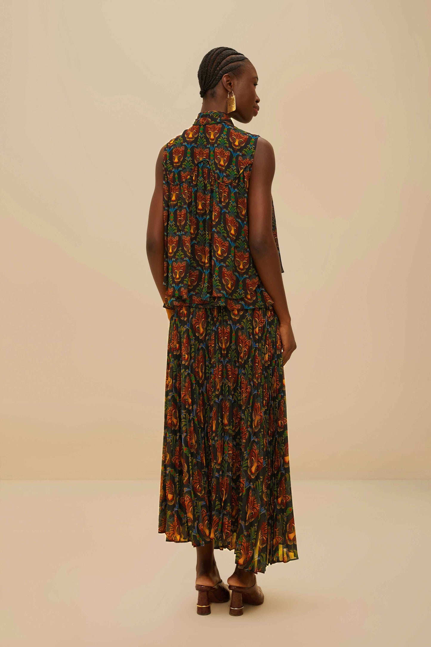 Black Boho Panther Pleated Maxi Skirt | FARM Rio Discount