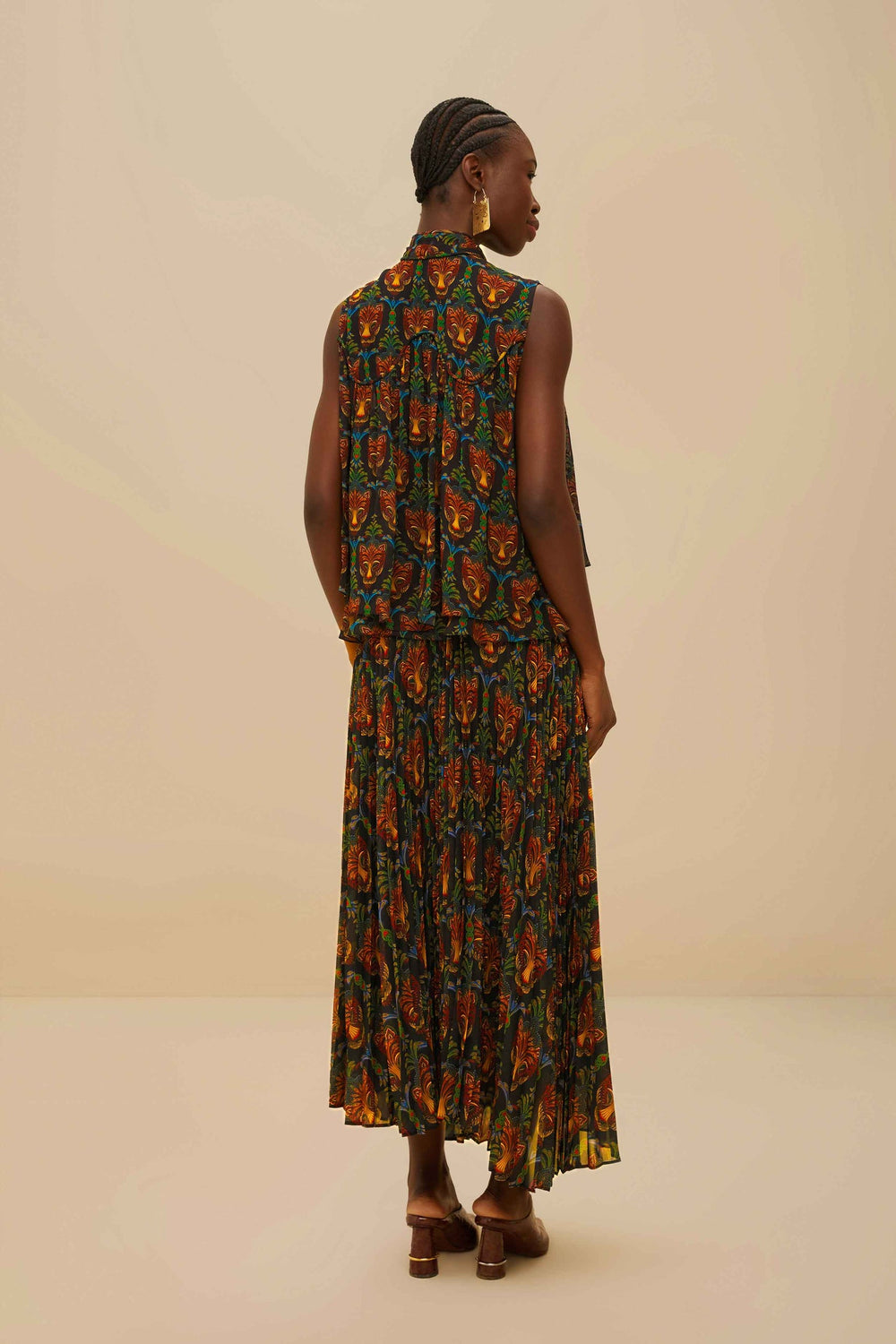 Black Boho Panther Pleated Maxi Skirt | FARM Rio Discount