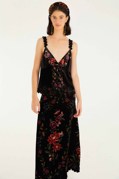 Black Belle Garden Scallop Hem Midi Skirt | FARM Rio | FARM Rio Outlet