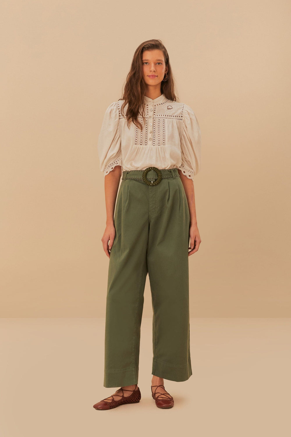 Green Twill Pleated Wide Pants | FARM Rio On Sale