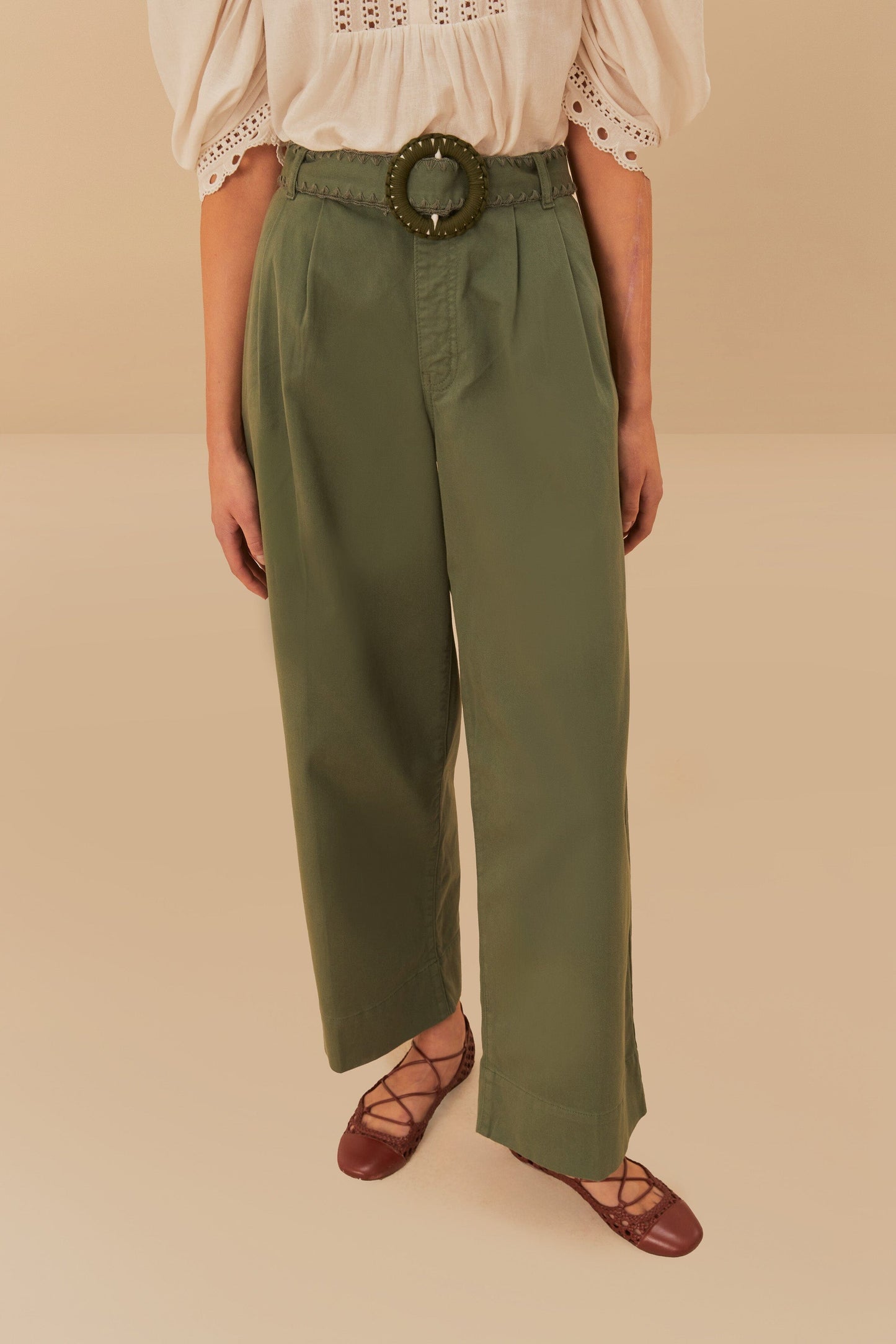 Green Twill Pleated Wide Pants | FARM Rio On Sale