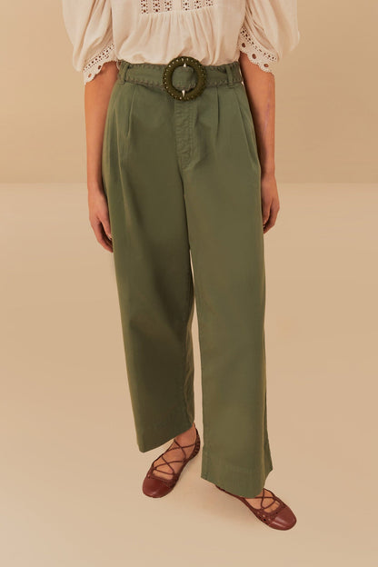Green Twill Pleated Wide Pants | FARM Rio On Sale