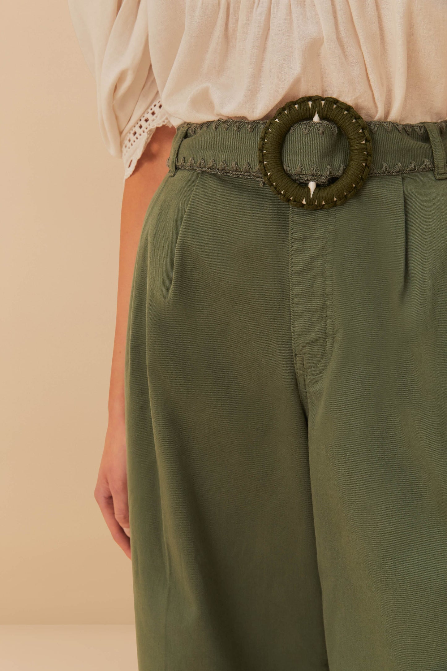 Green Twill Pleated Wide Pants | FARM Rio On Sale