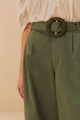 Green Twill Pleated Wide Pants | FARM Rio On Sale