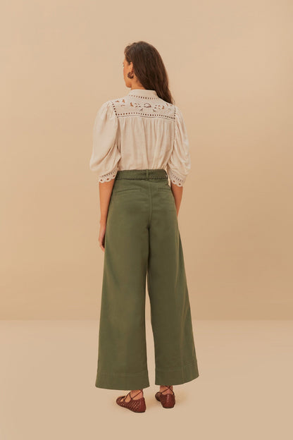 Green Twill Pleated Wide Pants | FARM Rio On Sale