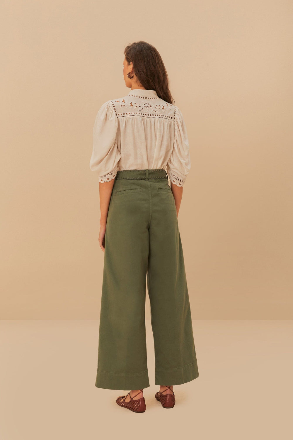 Green Twill Pleated Wide Pants | FARM Rio On Sale