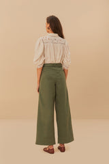 Green Twill Pleated Wide Pants | FARM Rio On Sale