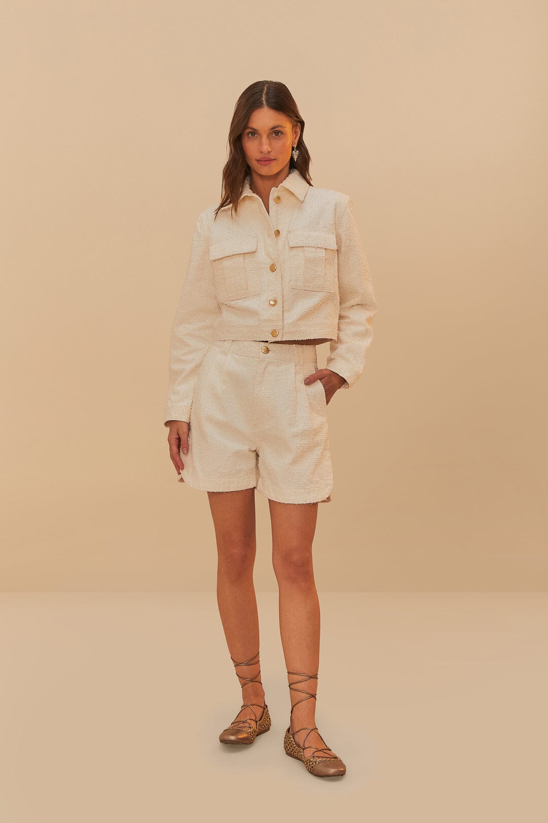 Off-White Twill Laser Pleated Shorts | FARM Rio Online