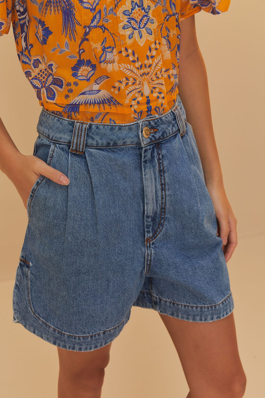 Denim Pleated Shorts | FARM Rio Online