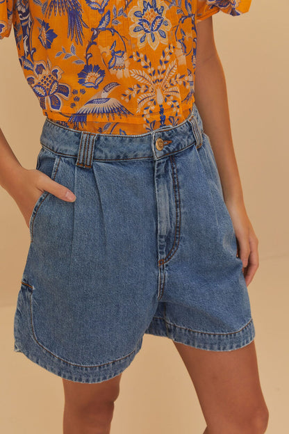 Denim Pleated Shorts | FARM Rio Online
