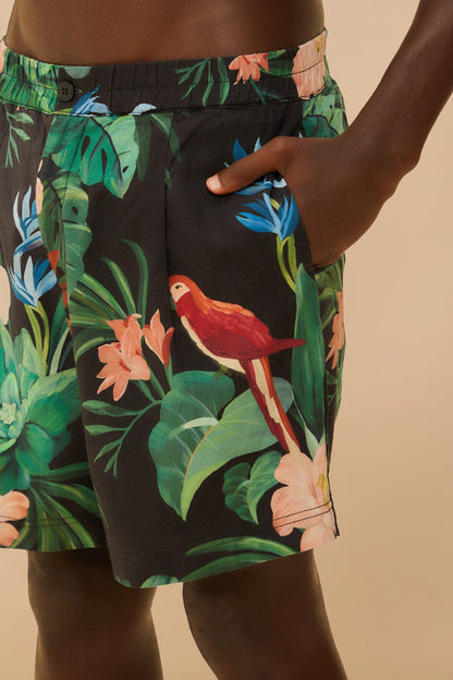 Black Midnight Macaw Fiesta LENZING™ ECOVERO™ Euroflax™ Shorts | FARM Rio For Sale