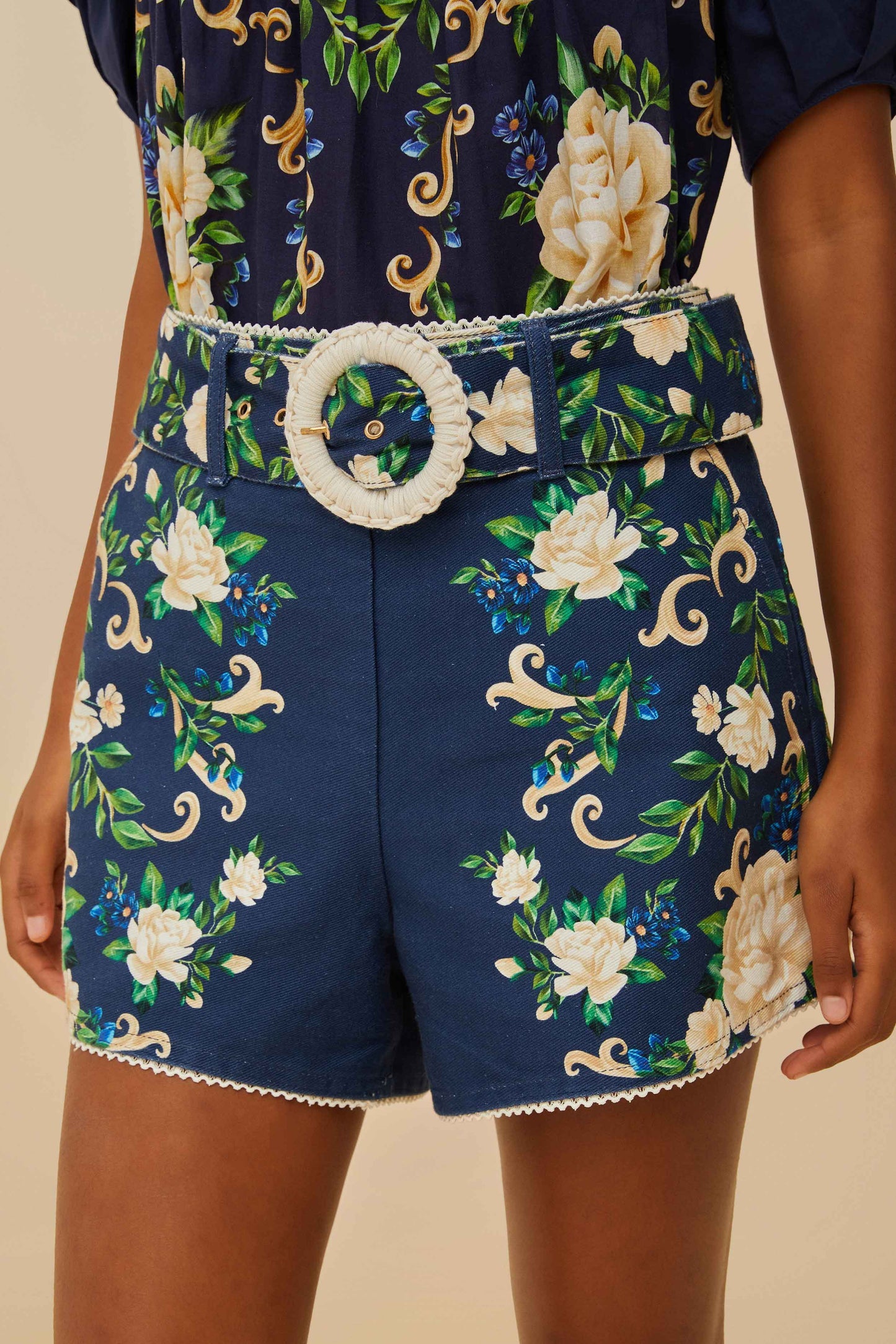 Navy Blue Flower Tapestry Shorts | FARM Rio Near Me