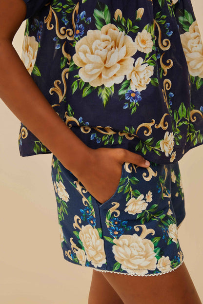 Navy Blue Flower Tapestry Shorts | FARM Rio Near Me