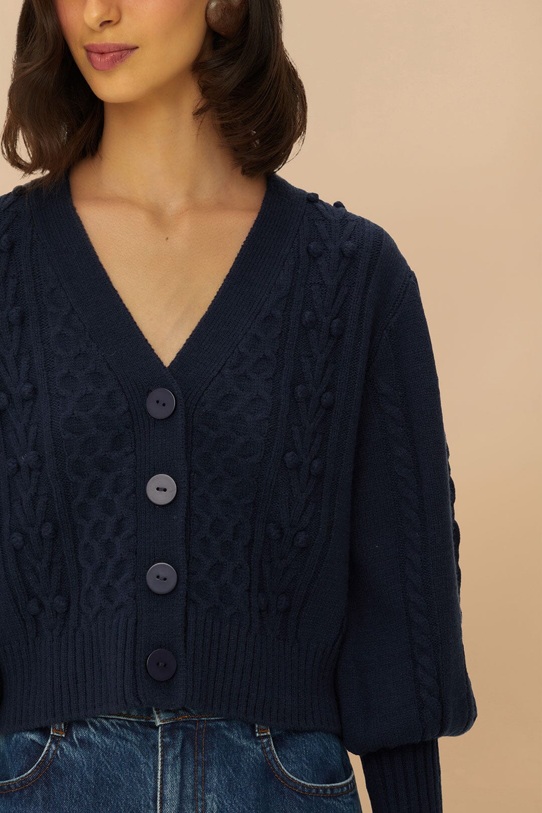 Navy Blue Mixed Stitches Knit Cardigan | FARM Rio On Sale