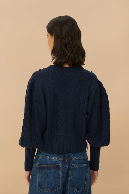 Navy Blue Mixed Stitches Knit Cardigan | FARM Rio On Sale