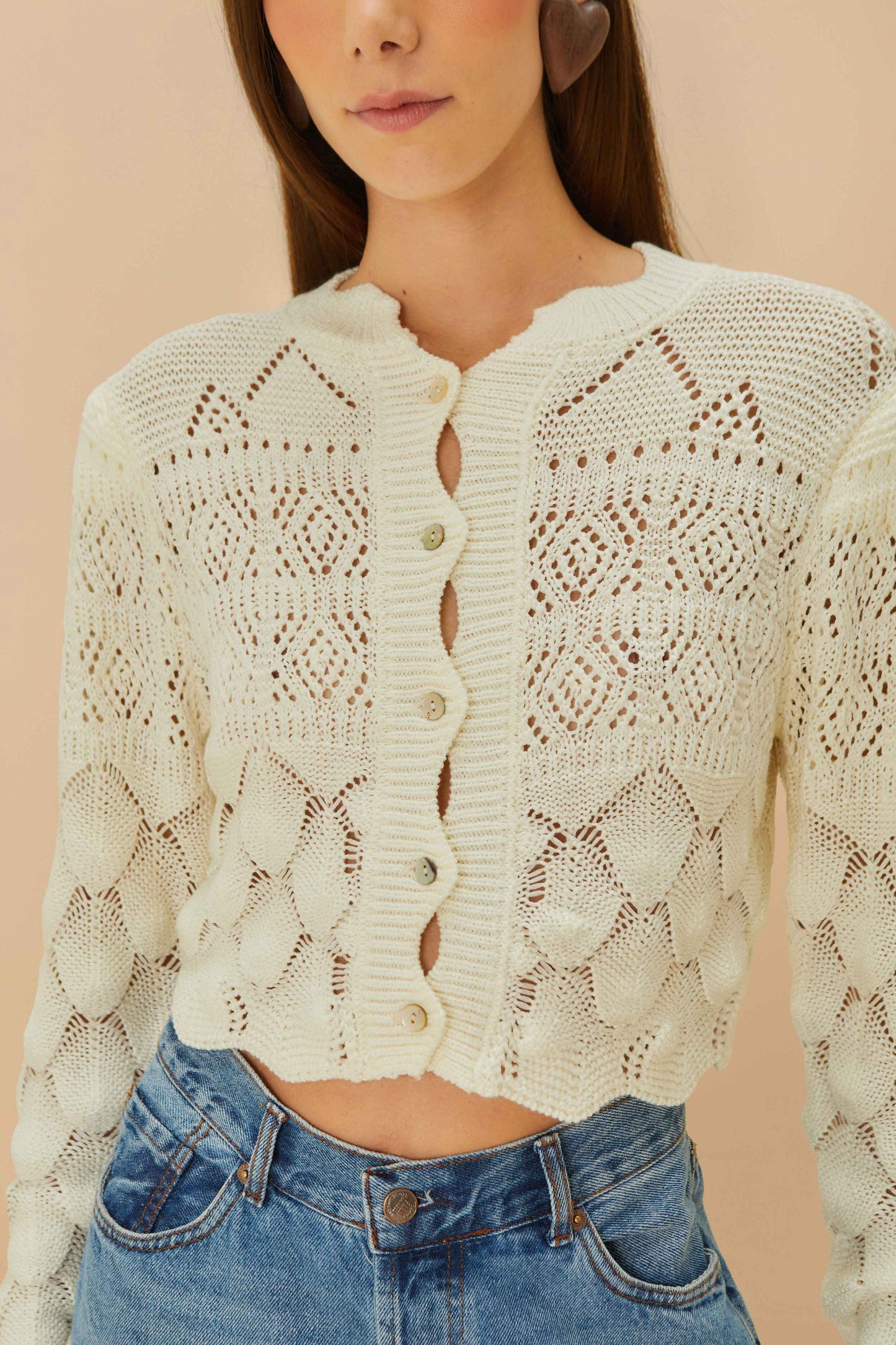 Off-White Mixed Lace Stitch Cardigan | FARM Rio For Sale