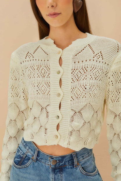 Off-White Mixed Lace Stitch Cardigan | FARM Rio For Sale