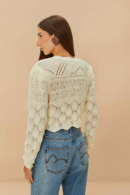 Off-White Mixed Lace Stitch Cardigan | FARM Rio For Sale